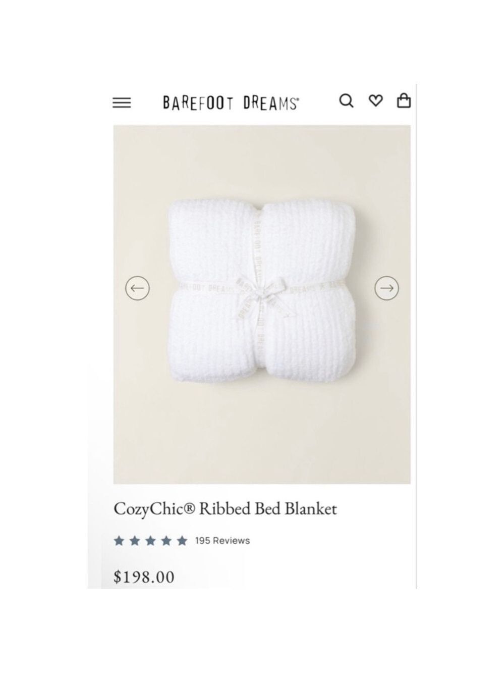 New Barefoot Dreams Queen CozyChic Ribbed Bed Blanket in White